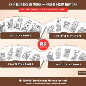 150-page coloring book about small shops (PLR), editable Canva template, resale rights (PLR), coloring page pack