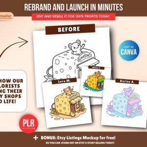 150-page coloring book about small shops (PLR), editable Canva template, resale rights (PLR), coloring page pack