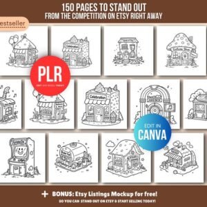150-page coloring book about small shops (PLR), editable Canva template, resale rights (PLR), coloring page pack