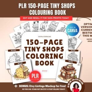 150-page coloring book about small shops (PLR), editable Canva template, resale rights (PLR), coloring page pack