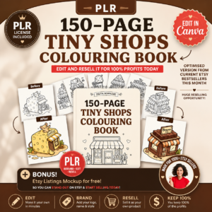 150-page coloring book about small shops (PLR), editable Canva template, resale rights (PLR), coloring page pack