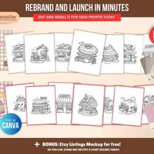 150-page coloring book about small shops (PLR), editable Canva template, resale rights (PLR), coloring page pack